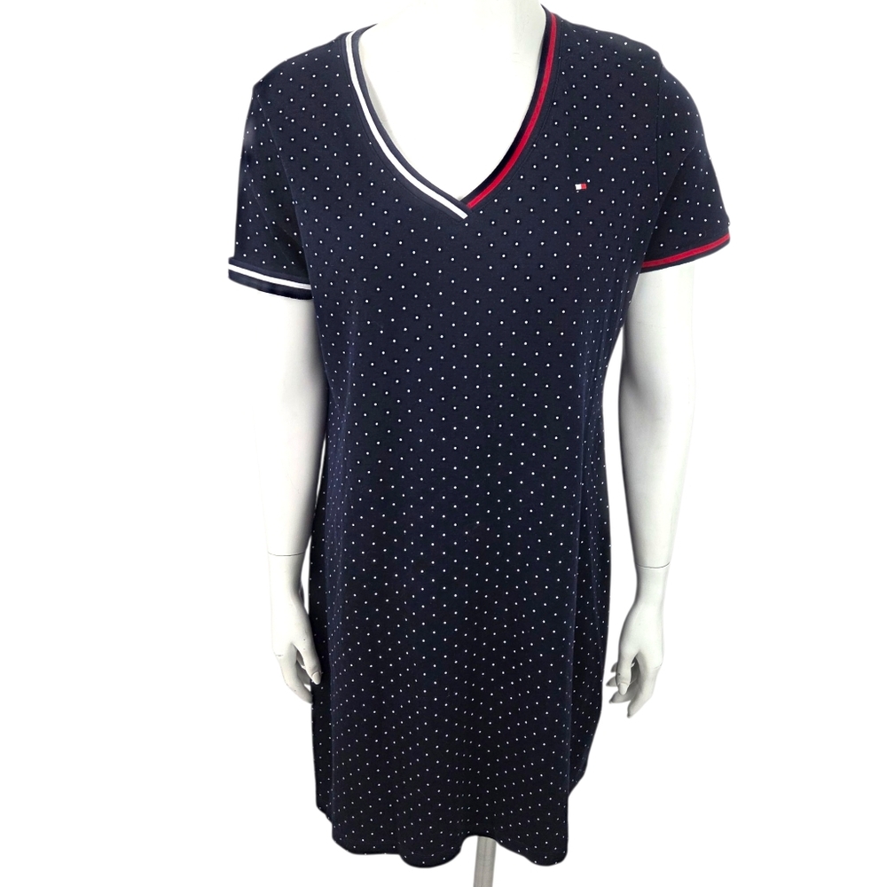 Tommy Hilfiger Polka Dot Tee Shirt Dress Cotton Womens XL Navy White Patriotic